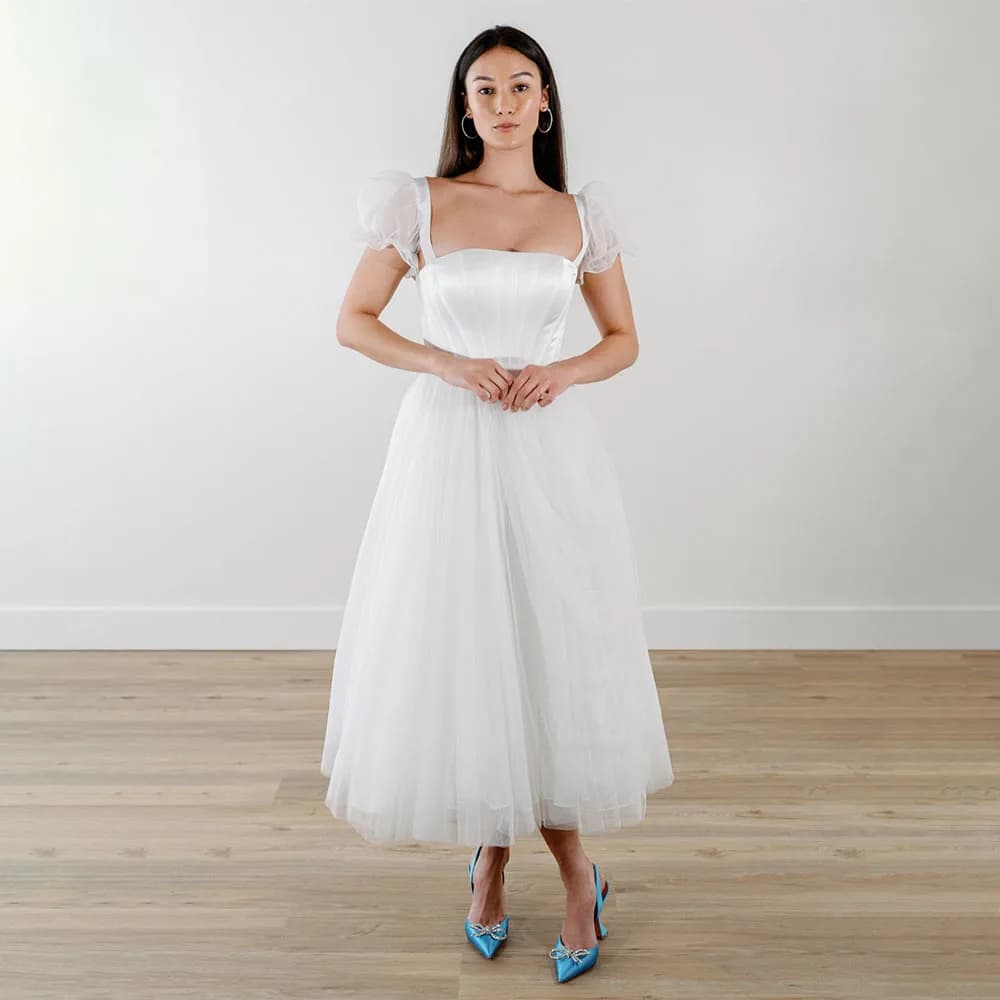 Midi Wedding Dress White Tulle A Line Tea Length Simple Gowns with Detachable Short Puff Sleeves Elegant Bridal Dresses