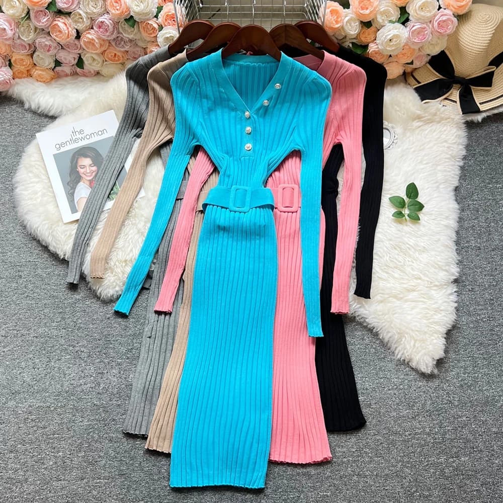 YuooMuoo YuoMuoo Chic Extensive Women's Dress 2025 Autumn Winter With V Neckline Long Dress Maid With Belt Lady Party Dresses