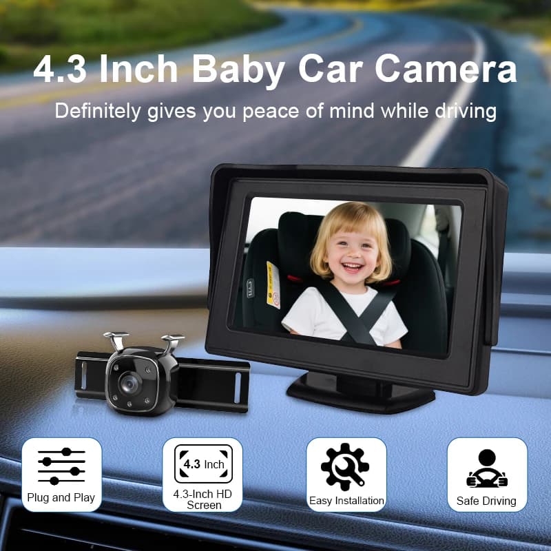 Monitor per Bambini da Auto da 4,3 Pollici, Telecamera per Auto con Visione Notturna, Facile Installazione Plug and Play