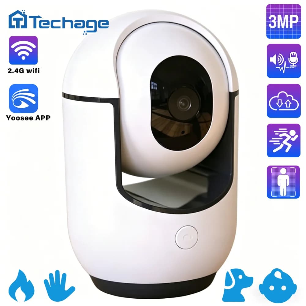 Telecamera WiFi Techage 3MP, Sorveglianza IP Wireless Intelligente con Rilevamento AI di Pianto/Animale Domestico, Sicurezza Interna, Audio Bidirezionale, Baby Monitor, TF Cloud