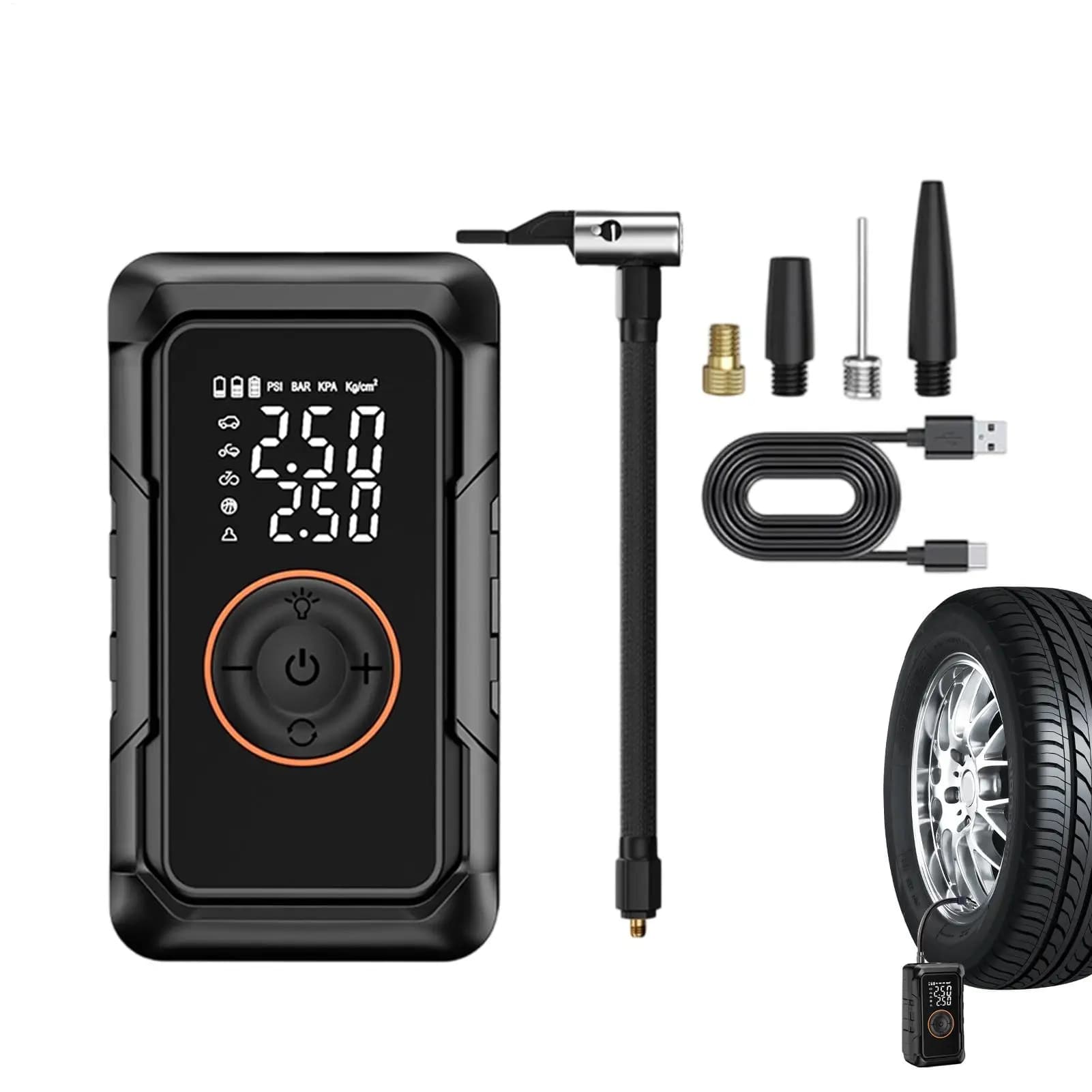 Pompa per Pneumatici Bici Senza Fili con Compressore d'Aria e Manometro Digitale, Gonfiatore per Palloni, Pompa per Biciclette, Moto, SUV, Camion, Camper