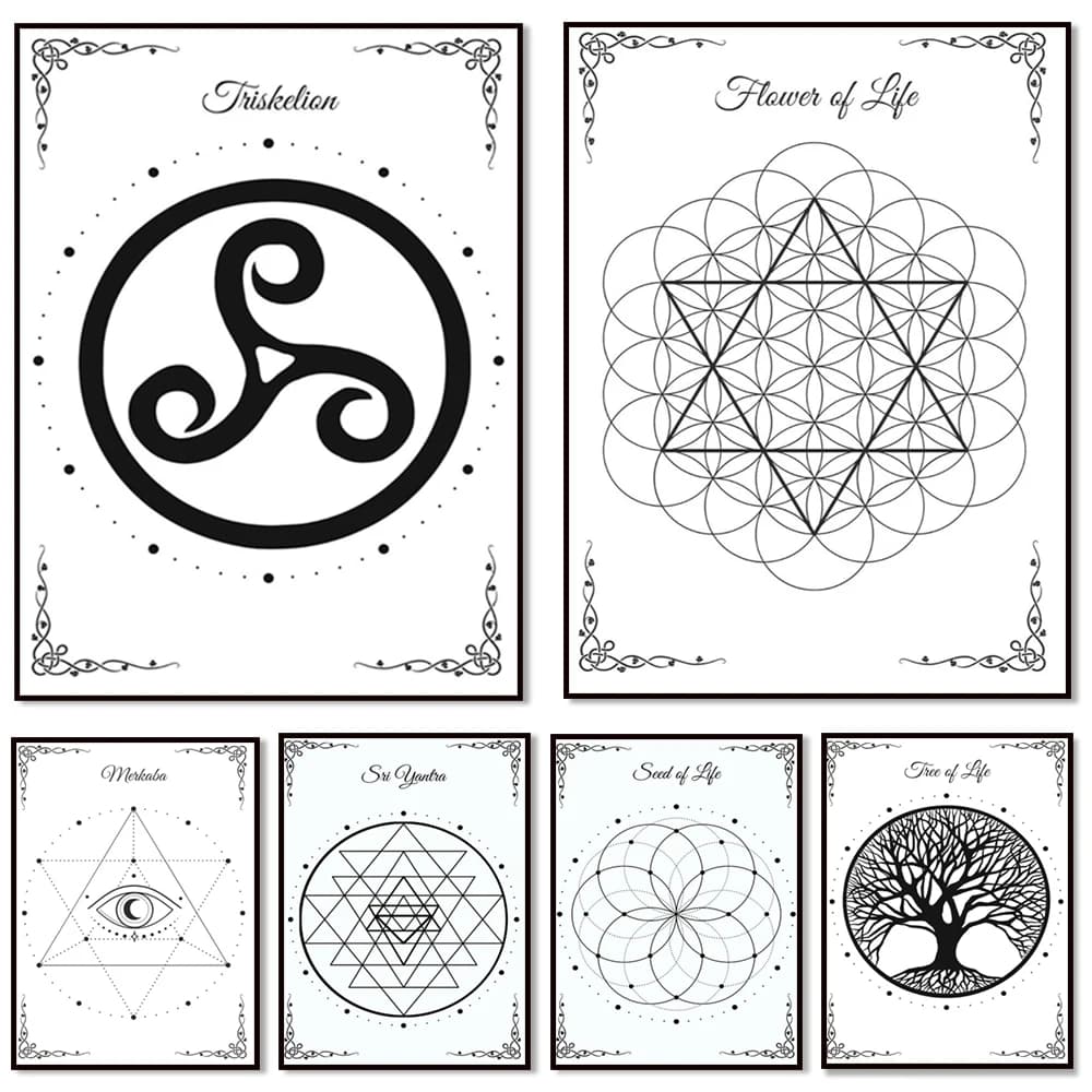 Sacred Geometry Stamps - Merkaba, Sri Yantra, Triskelion, Cube of Metatron, Tree of Life, Flower of Life, Poster of Seeds of Life