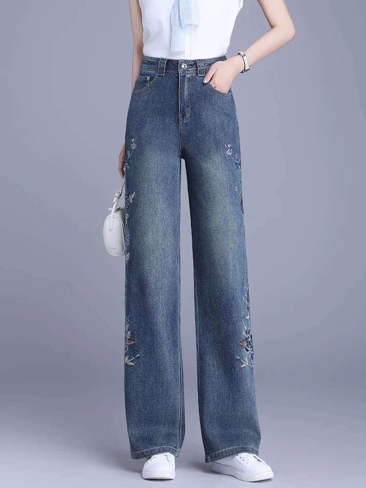 Retro High Waist Loose Fit Slimming Embroidered Straight Leg Jeans Women's Spring Summer New Style Korean Style Casual Wide L...