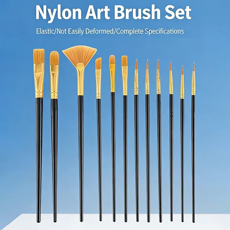 12pcs Nylon Paint Brushes Set Flat Bristle Watercolor Brushes for Oil Acrylic Painting for Artist Students Hobby and Classroom