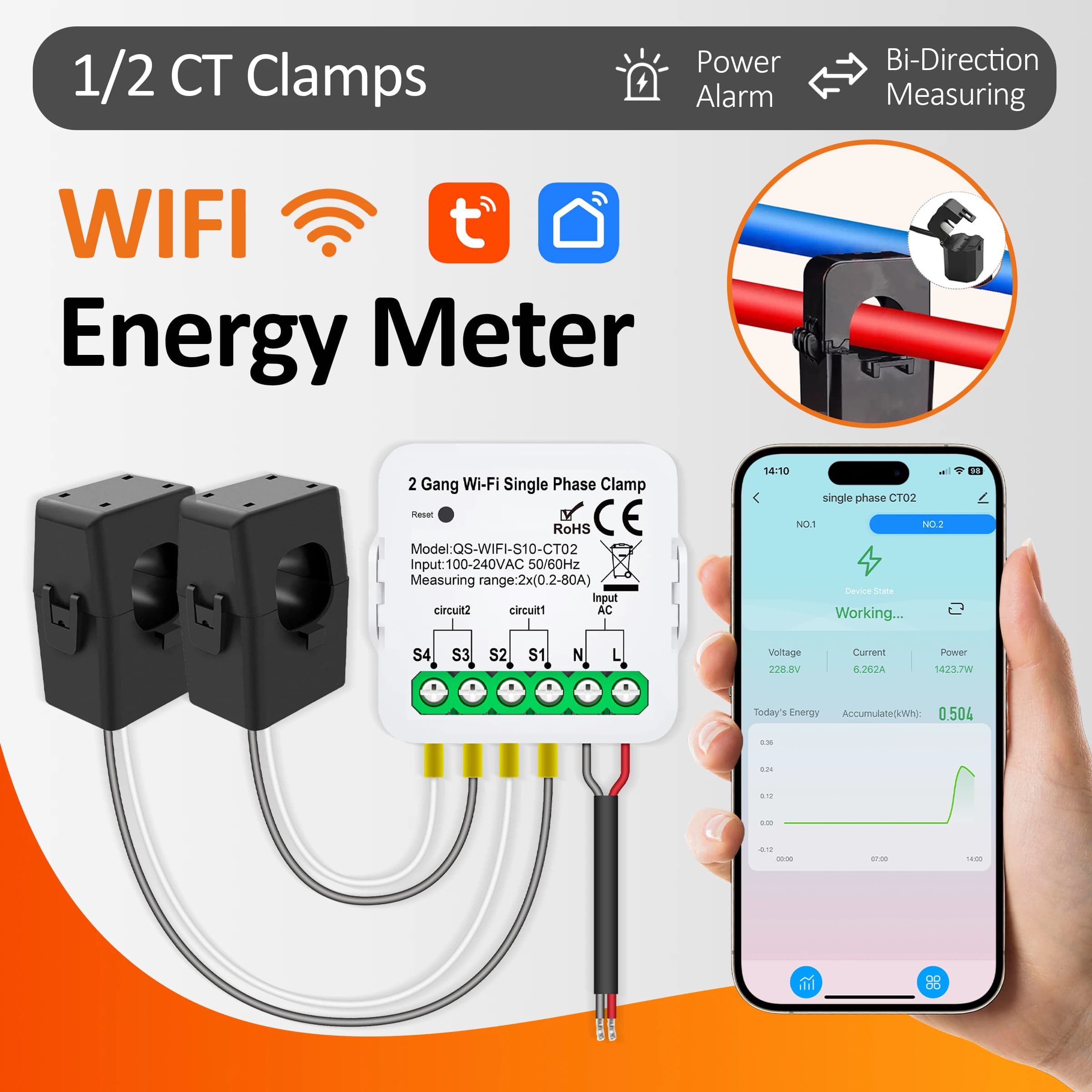 Misuratore di Energia Smart WiFi Tuya AC100-240V 1/2CT con Pinza Amperometrica, Controllo Tramite App, Monitoraggio Potenza 80A e Statistiche Elettriche