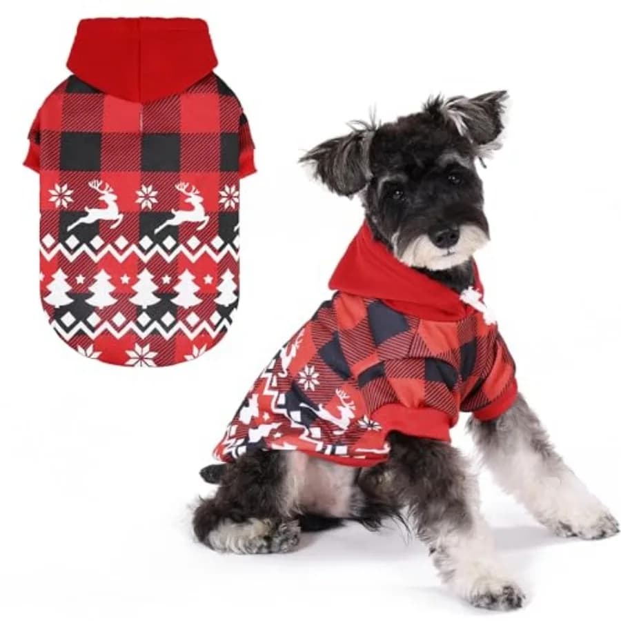 Christmas Dog Hoodie, Red Plaid Pet Sweater, Hat Hooded Sweatshirt Dog Clothes for Small Medium Large Dogs Cats, Soft Warm Wint