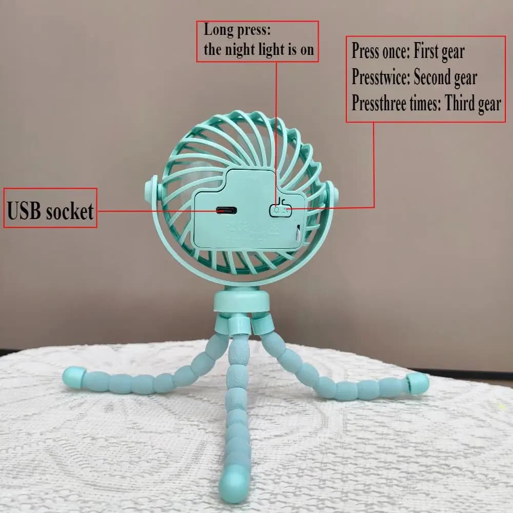 Portable Octopus Tripod Multifunctional Fan, USB Charging Rechargeable Personal Silent Adjustable Mini Handheld Device with 3-Speed Adjustment, 360° Rotatable Battery-Operated Cooling Tool for Baby Stroller, Camping (Sports & Outdoor Cooler Accessory)