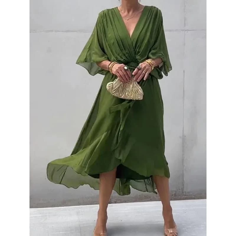 2024 New Women's Long Dress Pure Color Belted Batwing Sleeve Asymmetrical Hem Large Size Casual Straight Cut Knitted Skirt