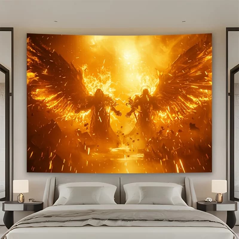 Dramatic Fantasy Tapestry Wall Art 150x300cm Epic Angel Fire Warrior Mythology Hanging Decor for Living Room Bedroom