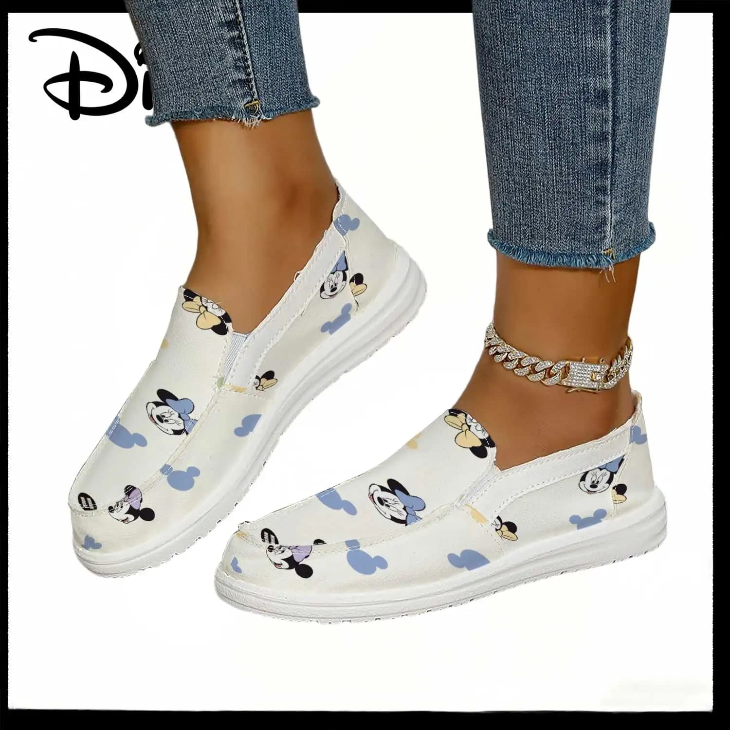 Shoes slip-on with pastel print of Mickey and Minnie Mouse Disney, with official license, for woman – Comodi mocassini with cute cartoon characters