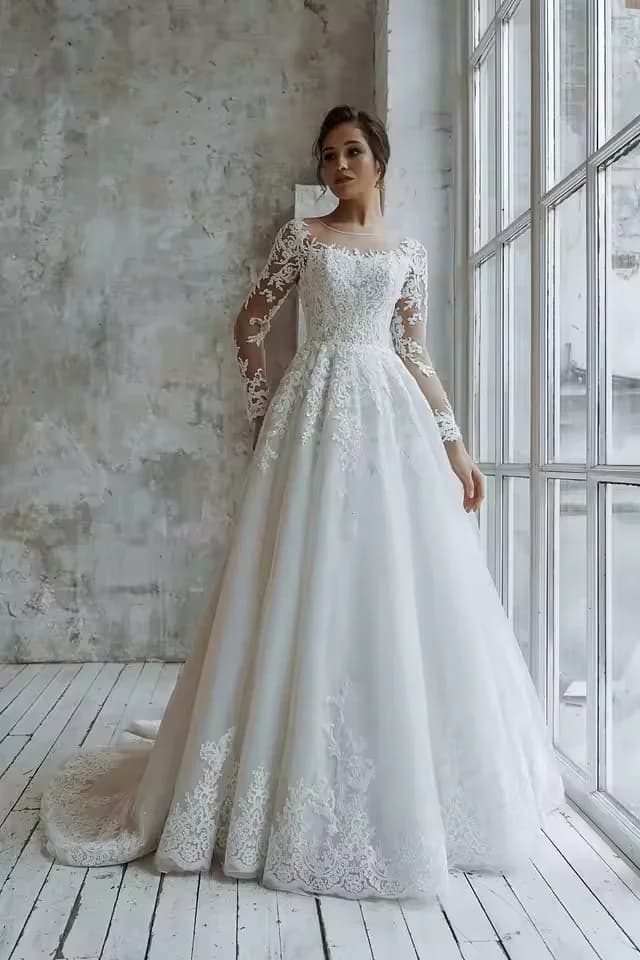 Flavinke Abiti da sposa personalizzati Abiti da sposa a-line Maniche lunghe Perle Applicazioni di pizzo Principessa per le donne Abiti da sposa
