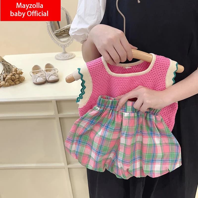Girl's Clothing Sets 2025 Summer Korean Pink Thin Knitted Girl Set Children Hollow Breathable Vest +Flower Bud Shorts Two-piece
