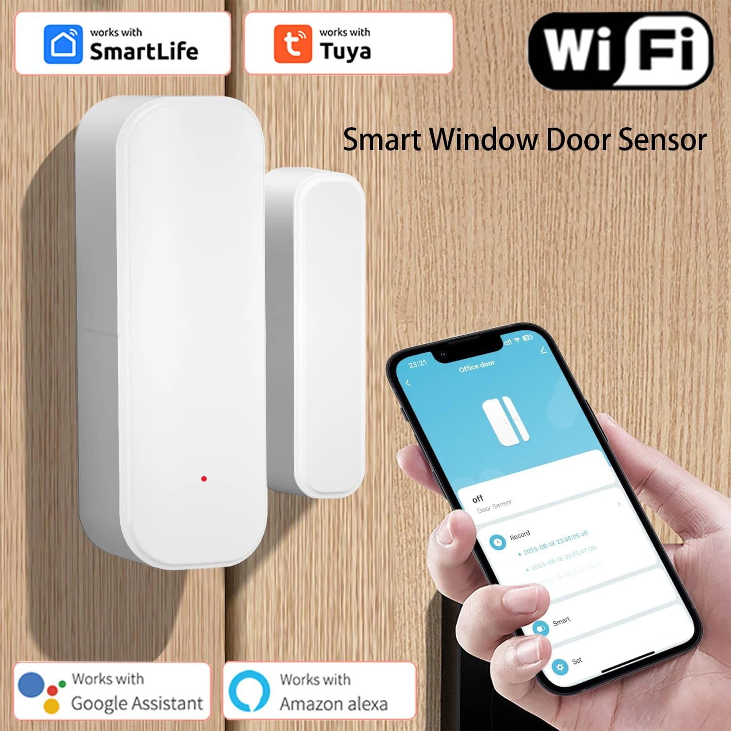Sensore WiFi Tuya per Porte e Finestre, Rilevatore Wireless con Allarme, Controllo Remoto tramite App Smart Life, Compatibile con Alexa e Google Home per Casa Intelligente