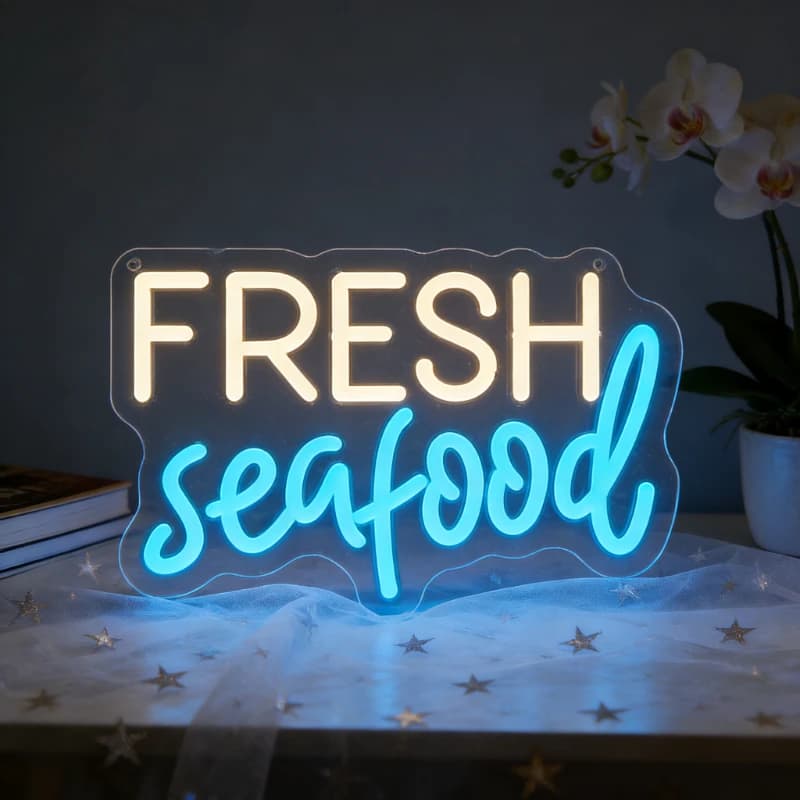 Insegna al Neon a LED Dimmerabile USB a Tema Frutti di Mare Freschi, Luce Neon Blu e Gialla per Ristoranti, Sushi Bar, Cucine e Decorazioni Murali a Tema Oceano