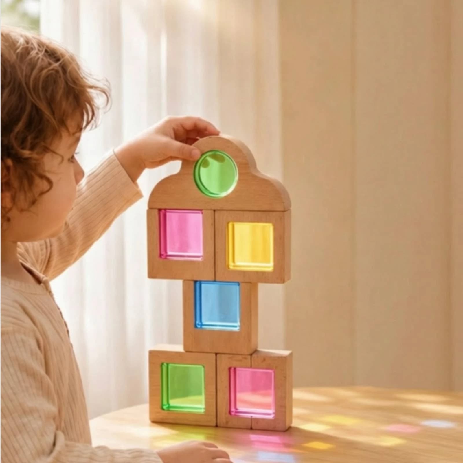 Wooden Blocks with Acrylic Educational Sensory Blocks Toy Set Transparent Stacking for Toddlers, Playroom, Classroom