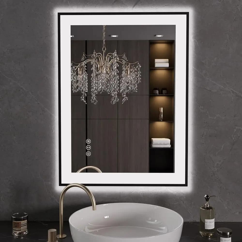 Specchio da bagno a LED 24"X32" nero, antiappannamento, dimmerabile, illuminato, da parete o da lavabo, con funzione di memoria, in vetro temperato