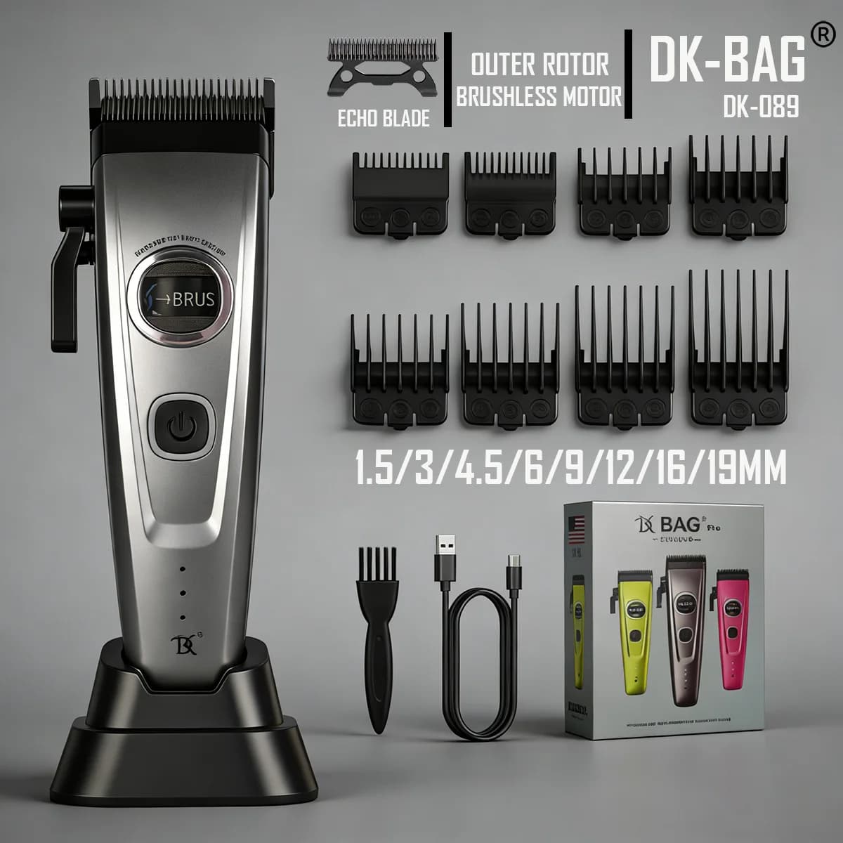 Tagliacapelli Professionale DK con Motore Brushless a Rotore Esterno, Lama Echo, Base di Ricarica, Trimmer per Capelli