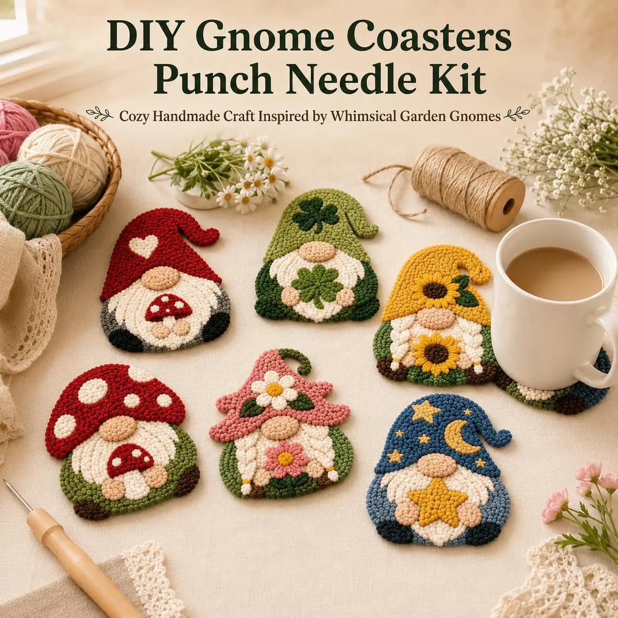 Gnome Punch Needle Embroidery Coasters Kit Christmas Wool Poke Embroidery Kit For Coaster Easy Craft Kit For Home Decor
