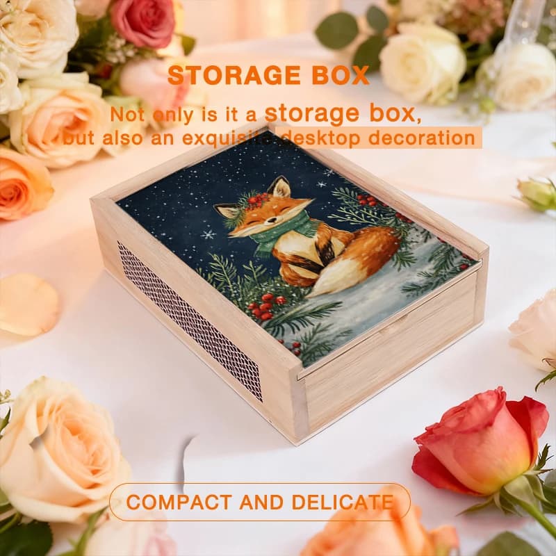 Scatola multiuso in legno con stampa 2D di volpe natalizia, design festivo per regali natalizi, ideale per gioielli, biglietti o tarocchi, Cozy Wint