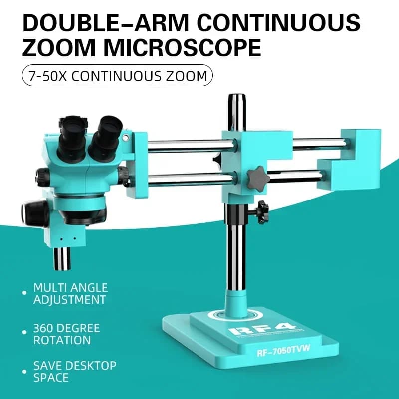 Microscopio con zoom stereo trioculare RF4 RF7050TVW 360 ° Strumento per microscopio con staffa a doppio braccio con rotazione per la riparazione dell'osservazione del laboratorio