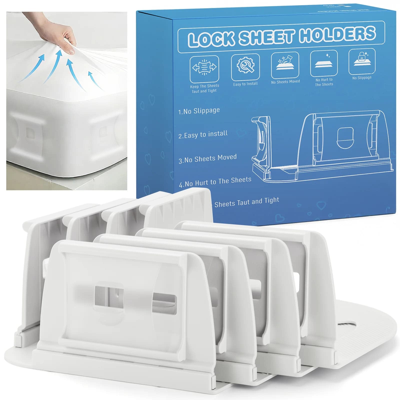 Bed Sheet Corner Clips with Lock, Reinforced Straps, Universal for All Mattress Sizes, Anti-slip to Keep Sheets Tight and Secure