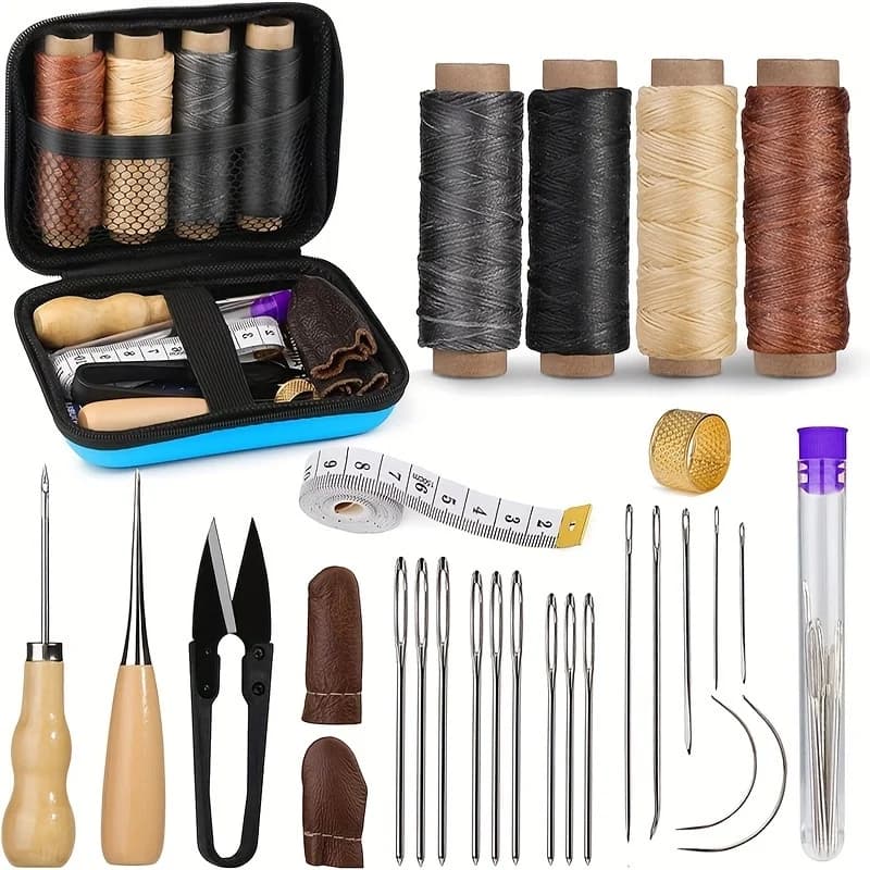 [Kit per lavorazione del cuoio] Kit per cucire il cuoio, Ago a occhiello largo, Filo cerato, Kit per riparazione tappezzeria in pelle, Utensili per la lavorazione del cuoio