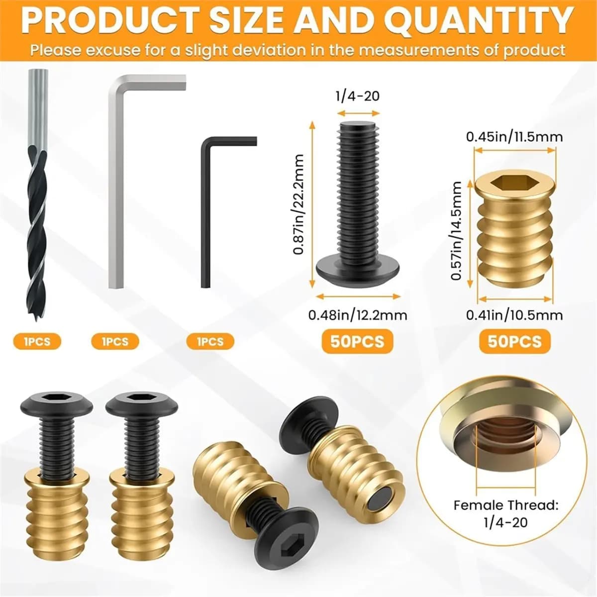 Affidabile - 50 set di inserti filettati e bulloni da 1/4-20 x 19/32" per legno, kit di assortimento di dadi per viti per mobili con attacco a esagono incassato