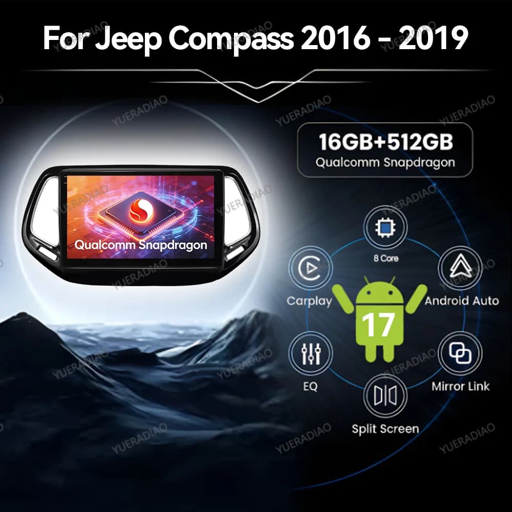 Android 17 Car Radio Qualcomm For Jeep Compass 2017 2018 2019 Multimedia Stereo Viedo Player GPS Navigation 4G LTE 5G WIFI DSP