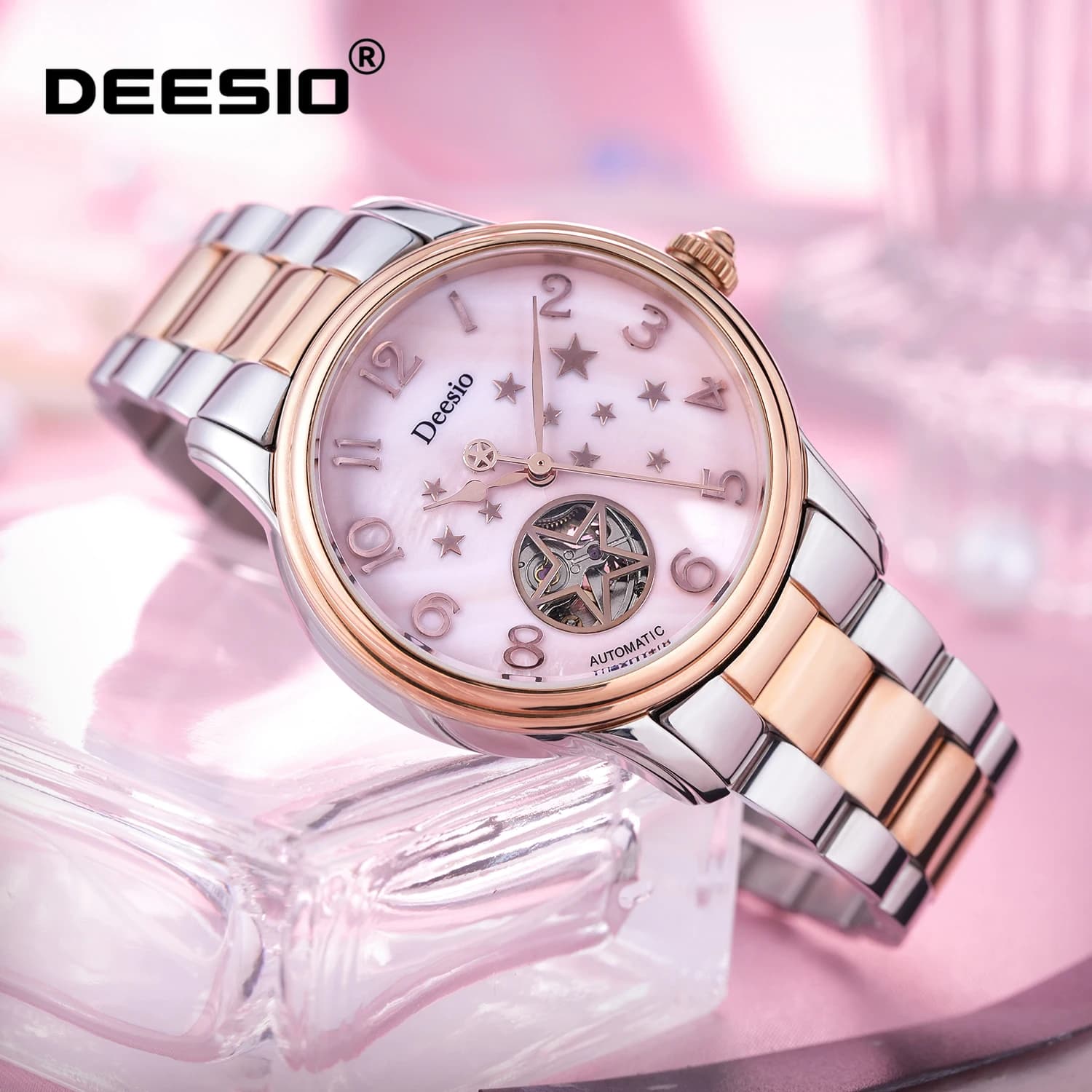Orologio meccanico automatico da donna Deesio con quadrante scheletrato a cuore aperto, cinturino in acciaio inossidabile, impermeabile fino a 50 m, orologio elegante di lusso, regalo
