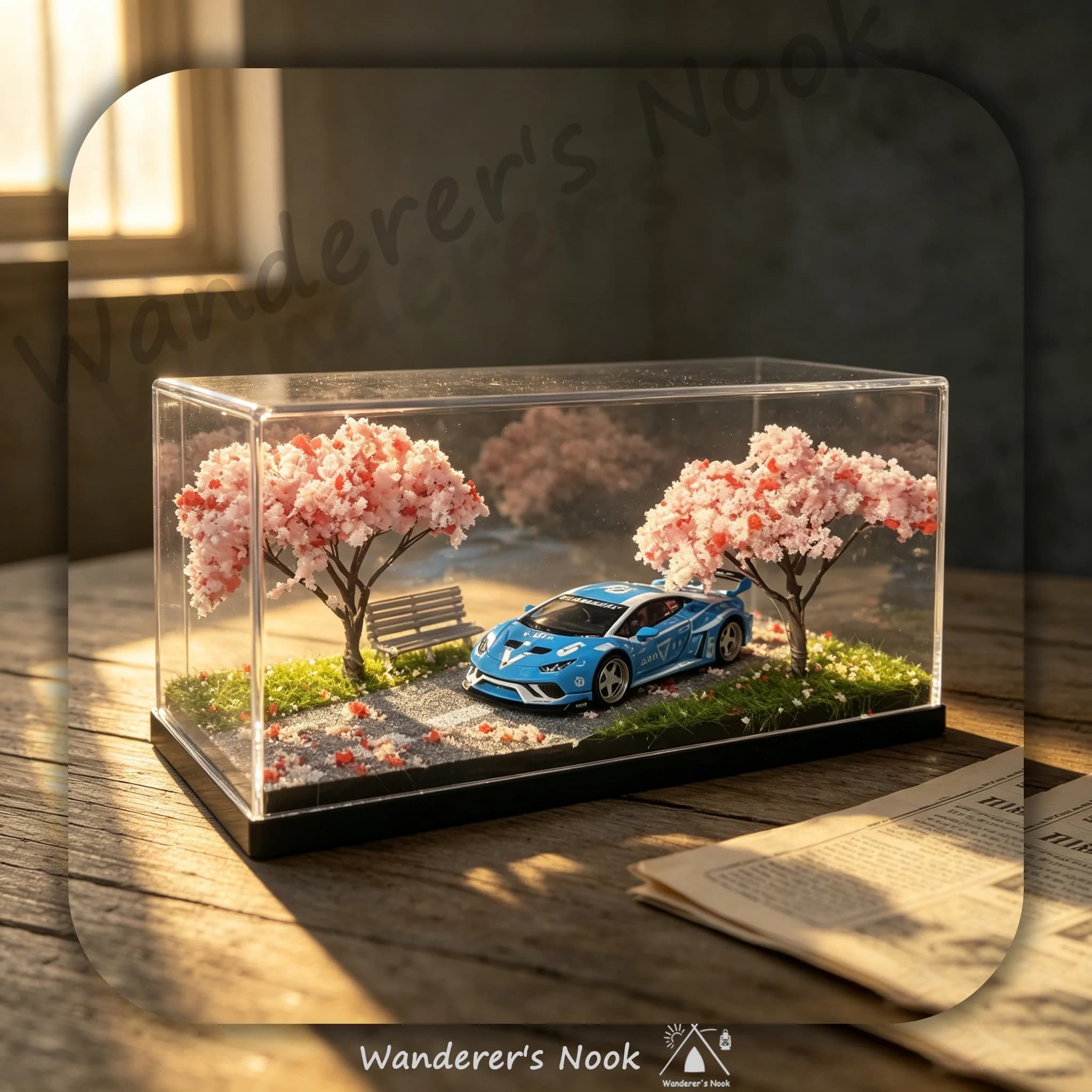 1:64 Cherry Blossom Diorama Car Model Mini Scene Acrylic Display Box Desktop Mini Ornament Male Collect Gift