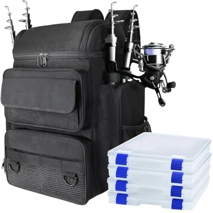 Fishing backpack with 4 Boxes Door Tools, 45L Large Fishing Backpack, Camping and Hiking, Black