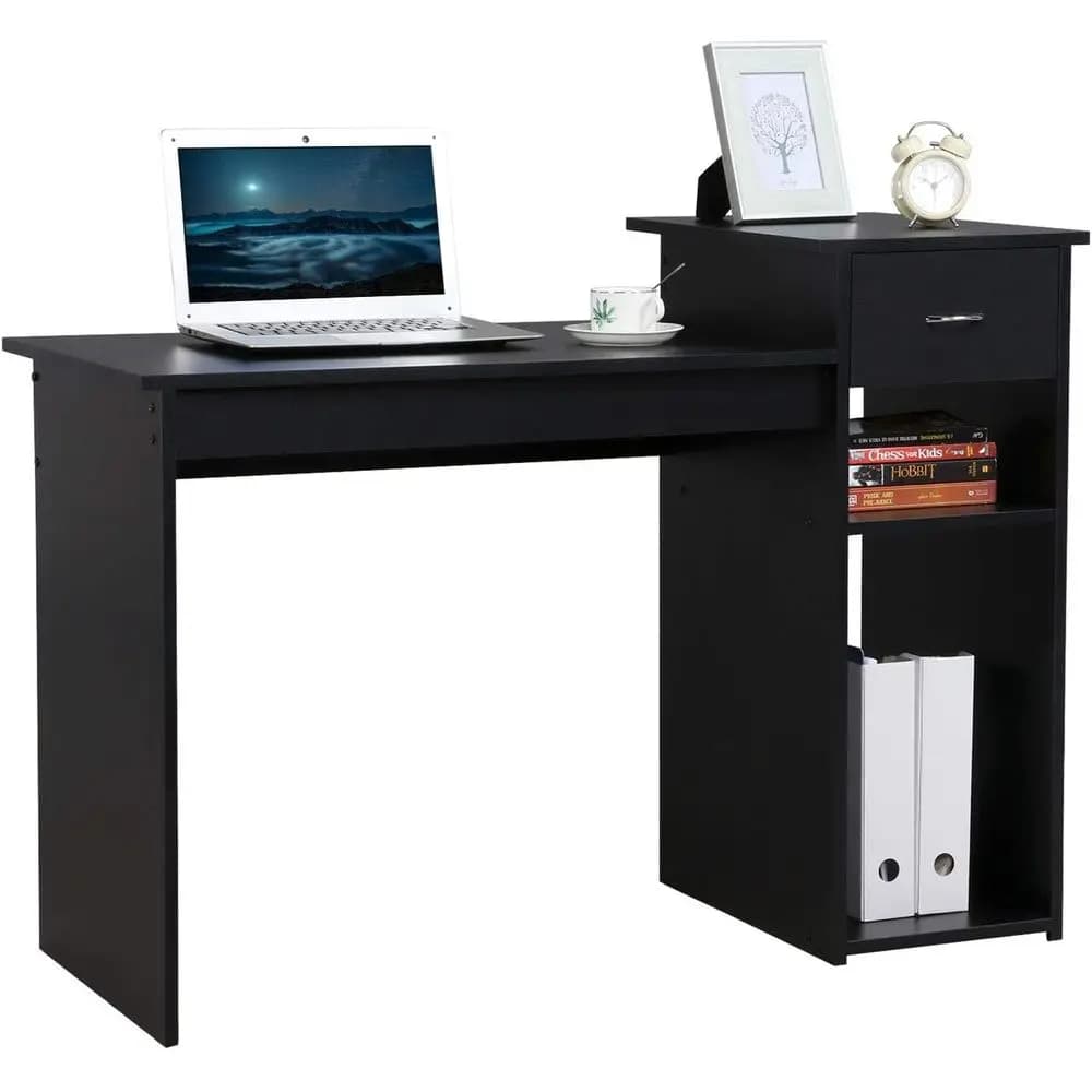 Elegant Wooden Desk with Storage and Monitor Stand, Compact PC Laptop Workstation for Home Office, Black