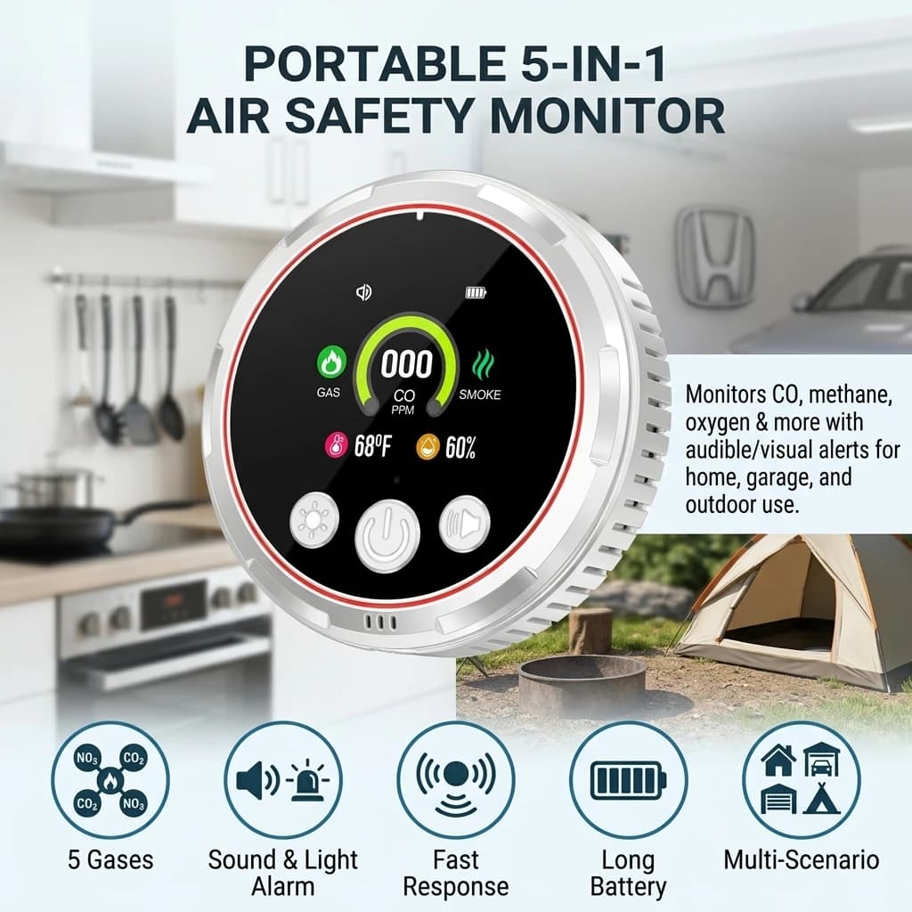 Camping Gas Detector 5-in-1 Multi-Gas Monitor Portable Carbon Monoxide Alarm for Home Kitchen Basement Safety Essentials