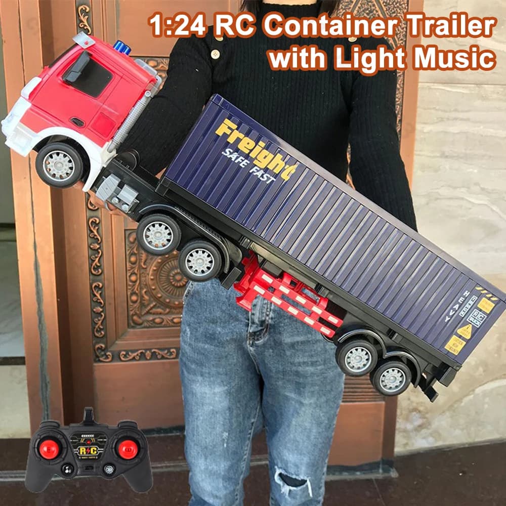 1: 24 RC Auto telecomandata Contenitore per auto Rimorchio Trasporto Rimorchio Tamburo con illuminazione Musica Ragazzi Giocattoli per bambini Regali di Natale