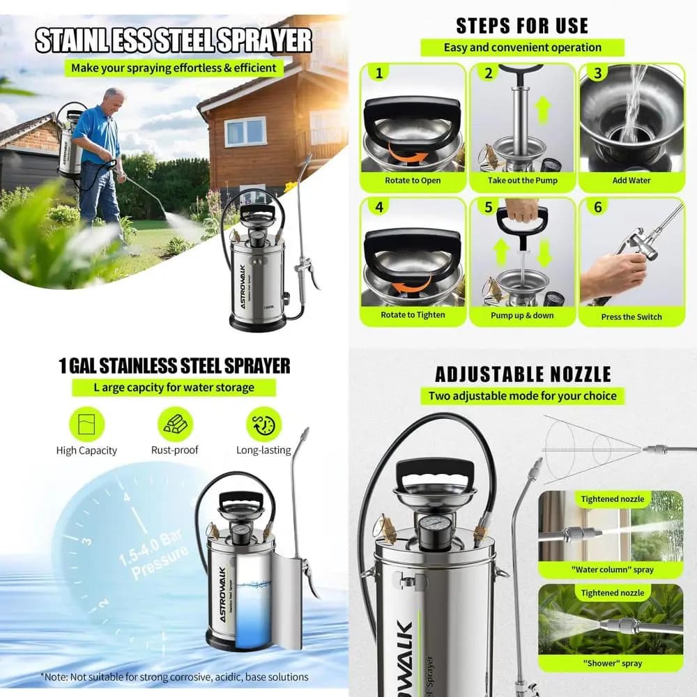 1.5 Gallon Stainless Steel Sprayer for Medium Use with 20 Ugelli, Refined Tube for Lawn, Garden and Patio, Viton Gaskets and Gloves