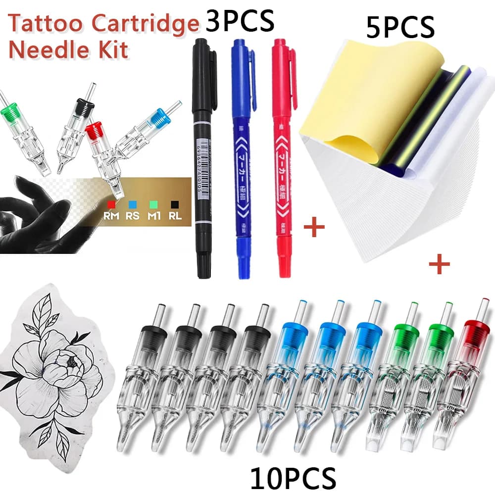 18/10pcs Tattoo Needles Set Cartridge Tattoo Needles Kit Transfer Papers with Marker Pen for Tattoo Practice Accessories Kit