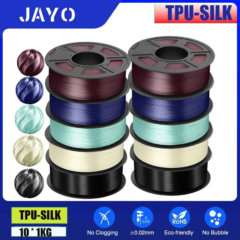 JAYO TPU SILK 10KG 3D Printer Filaments, 10 Rolls 98A 1.75mm, Multicolor, 100% Bubble-Free, 3D Print FDM