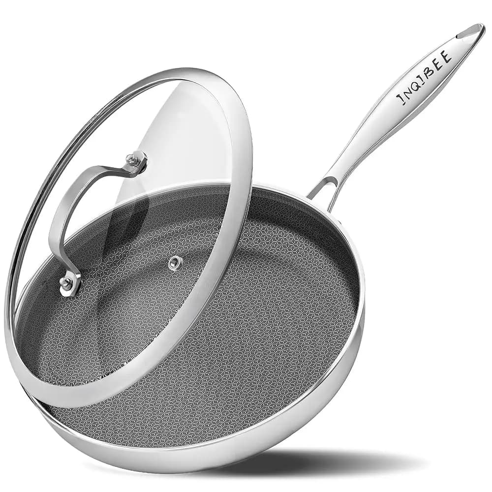 Padella Antiaderente Ibrida da 12 Pollici con Coperchio, in Acciaio Inox Tri-Ply, Compatibile con Induzione, Senza PFOA, Pentola Non Tossica