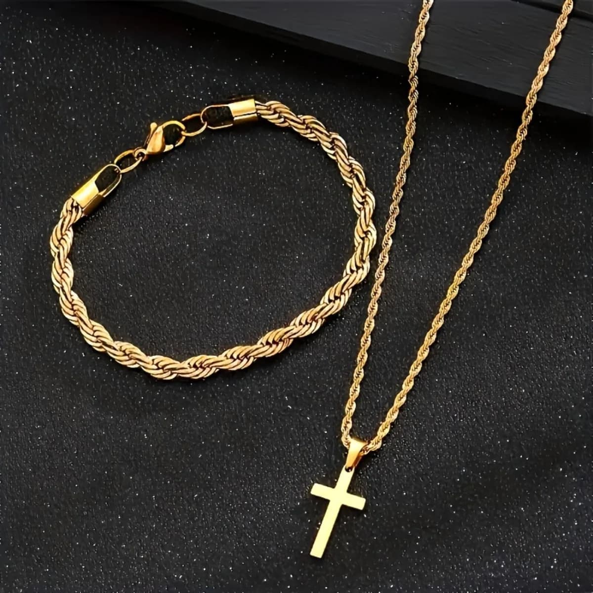 Set di 2 collane con ciondolo a croce alla moda e braccialetti con catena intrecciata, gioielli decorativi casual