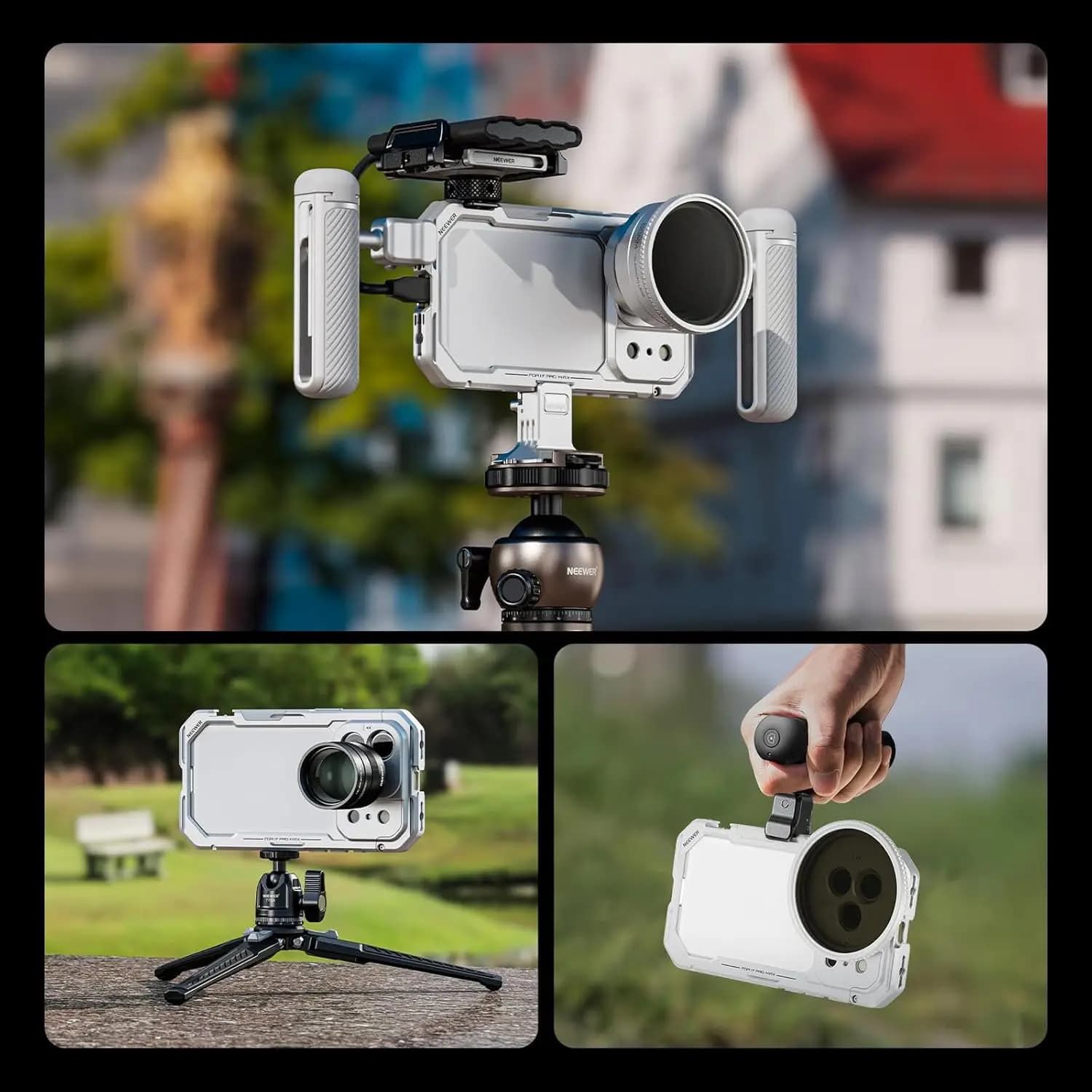 NEEWER Phone Cage Video Rig Stabilizer Compatible with iPhone 17 Pro max with 67mm Filter Ring, 17mm Lens Backplate Silver