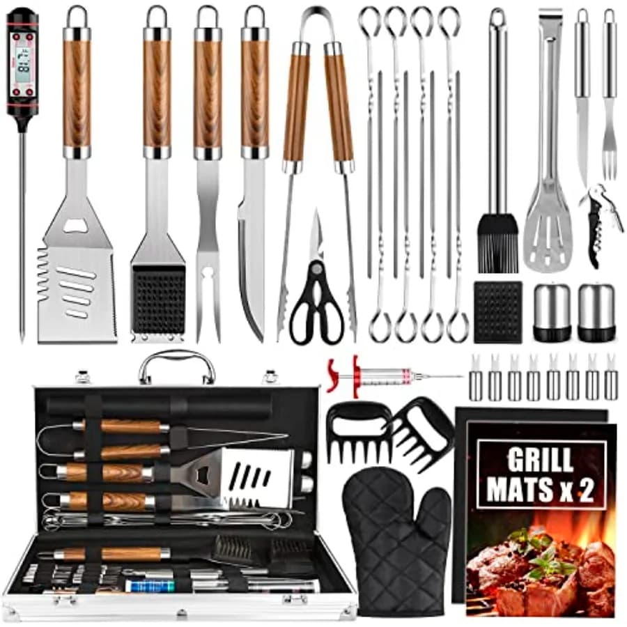 Set of barbecue accessories, 38 pieces, stainless steel grilling tools with aluminium housing, thermometer, barbecue mats for camping
