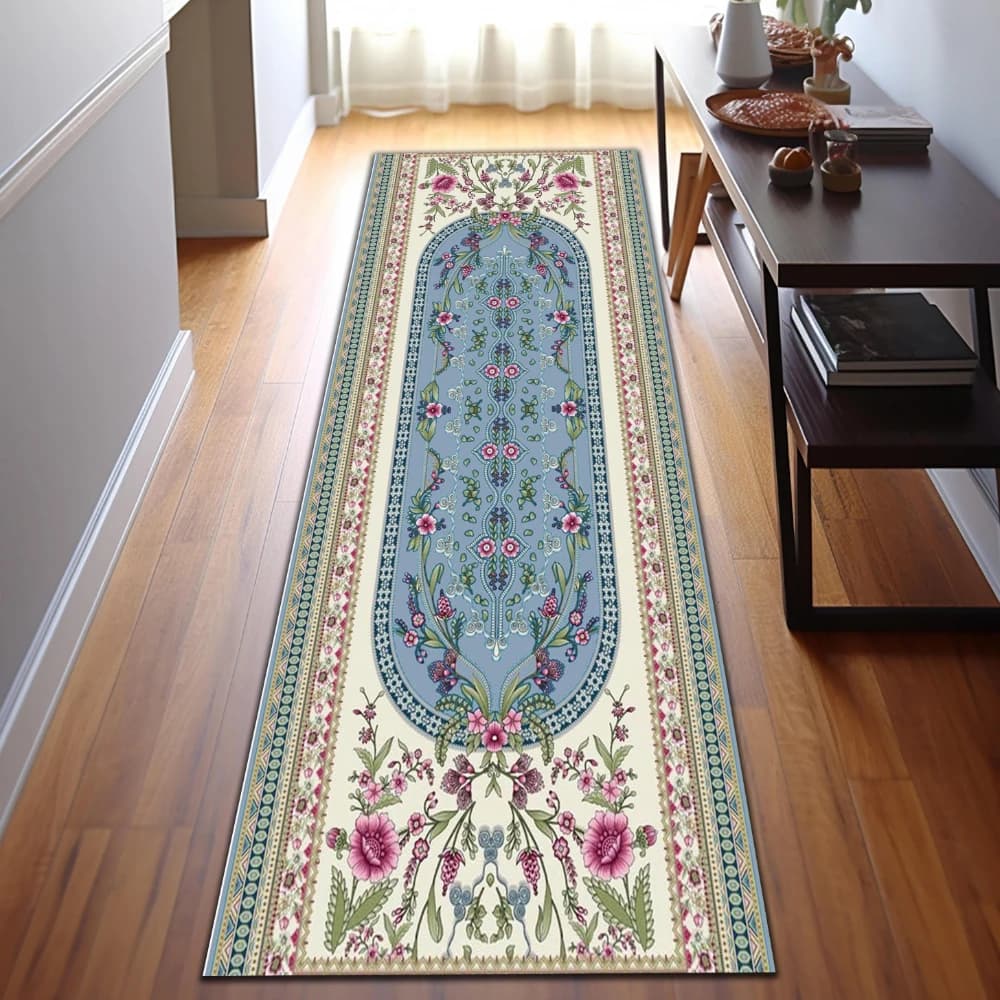 Retro Light Blue Floral Botanical print rug bedroom bathroom entryway patio Runner Rug nonslip Entry Door Mat decor Present