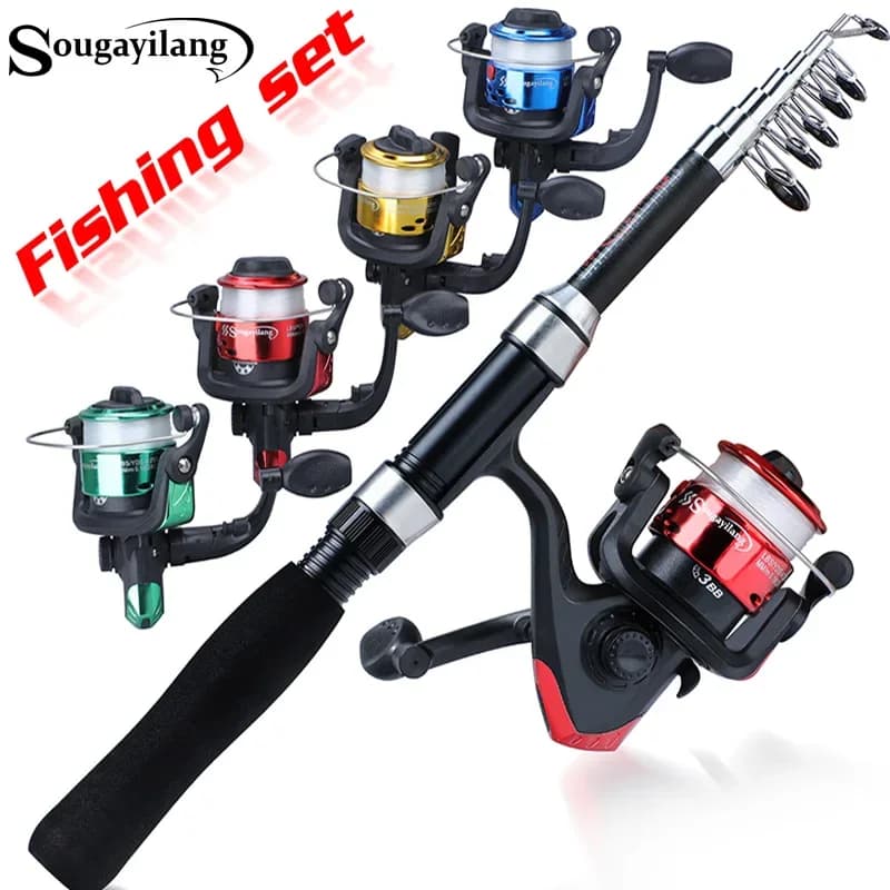 Sougayilang Set di canne da pesca per bambini Kit completo con canna da pesca telescopica e mulinello da spinning Esche Ganci Set di canne da viaggio in acqua salata