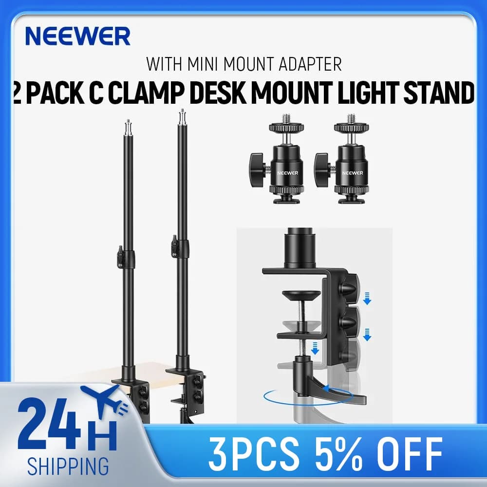 NEEWER Supporti con morsetto a C per montaggio su scrivania, supporto con clip da tavolo da 2 pezzi con adattatore per testa a sfera da 1/4", supporto per luce regolabile da 13,8"-23,6"