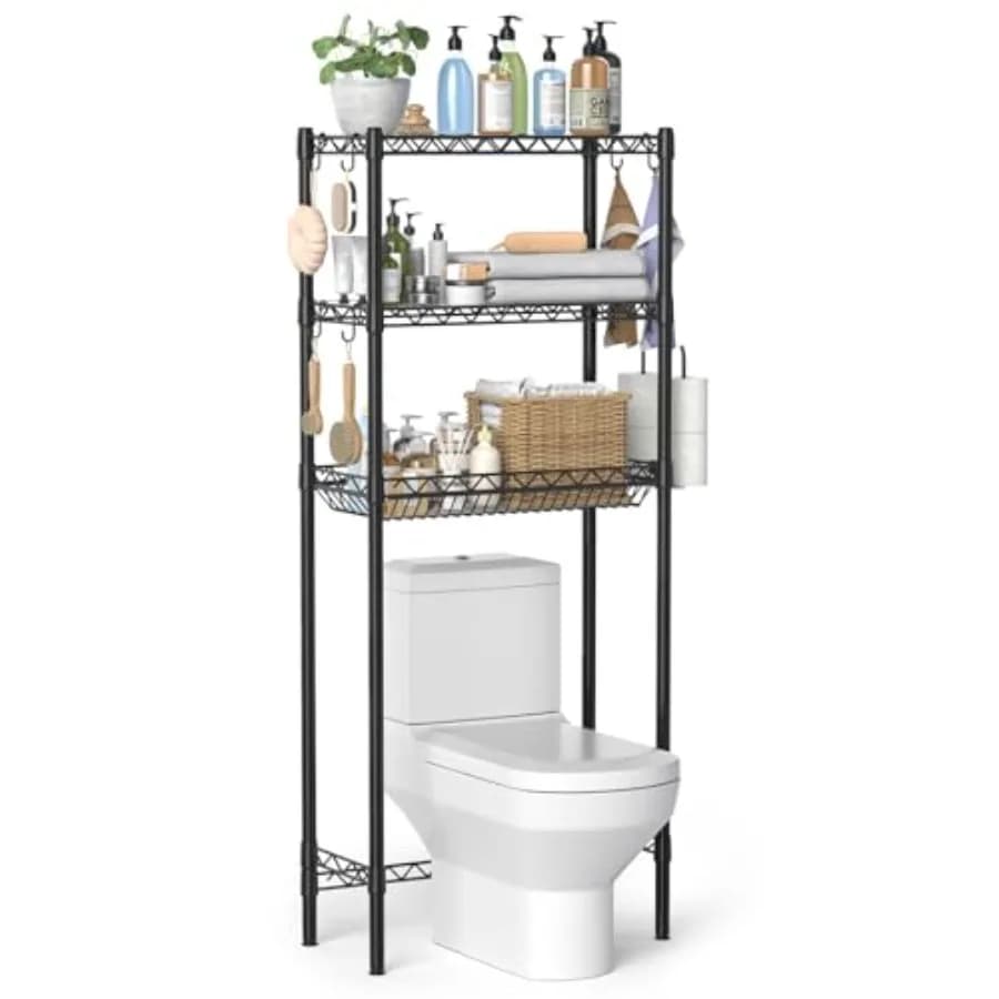 Scaffale portaoggetti sopra il WC, regolabile, con porta carta igienica e 8 ganci, a 3 livelli, in metallo robusto, salvaspazio