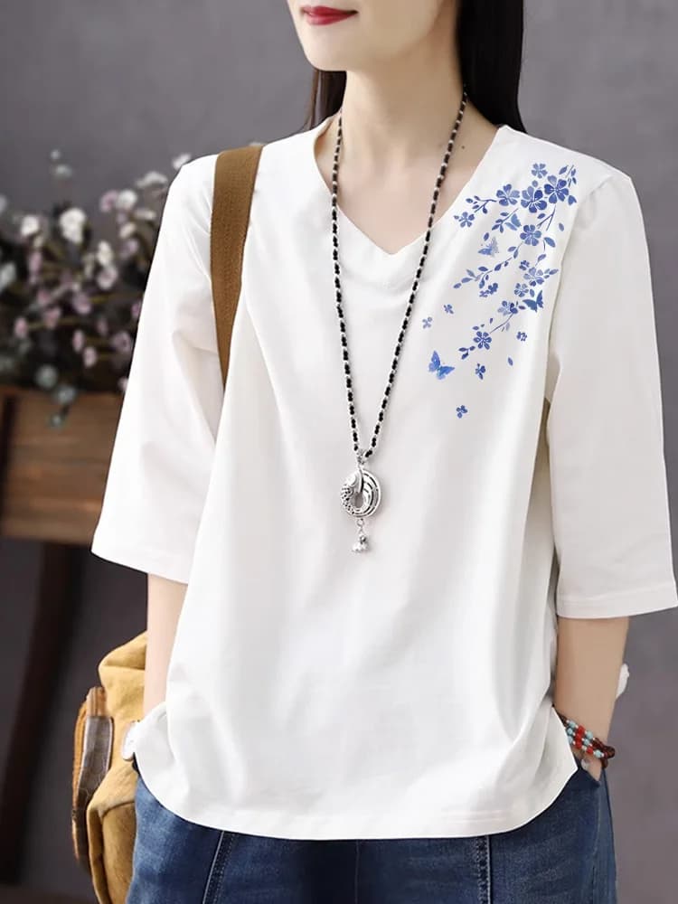 Pure Cotton V-Neck 3/4 Sleeve T-Shirt Women's Inner Wear Casual Loose Fit Printed Breathable Spring Summer Fashion Top