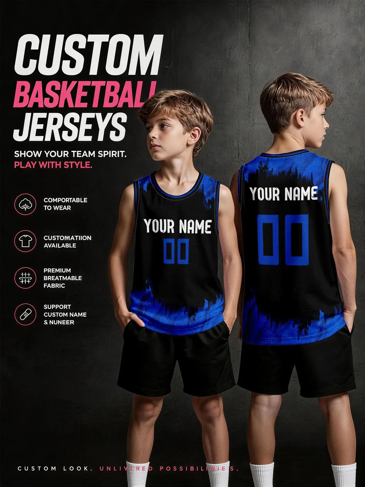 Black‑Blue Gradient Custom Basketball Jersey Set, DIY Printed Name & Number, Breathable Quick‑Dry Team Uniform for Kids & Adults