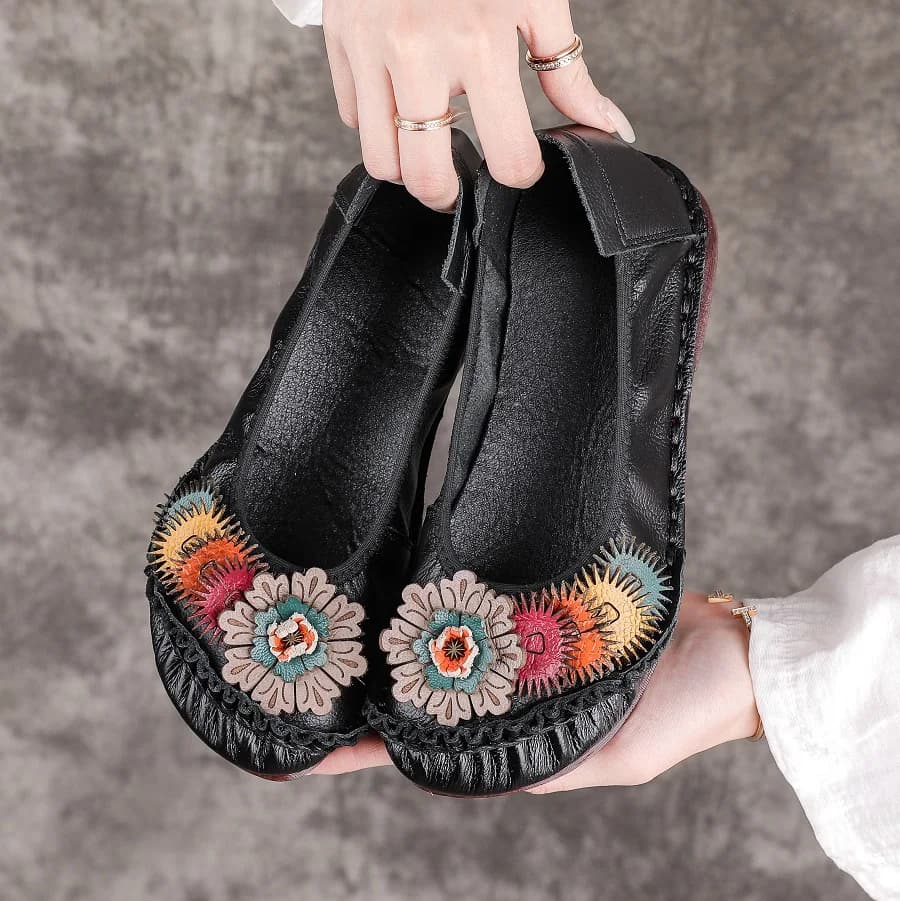 Women Retro Boho Floral Flat Loafer Woman Soft Moccasins Casual Daily Mother Shoe New Hand Stitched Genuine Leather Ballet Flats