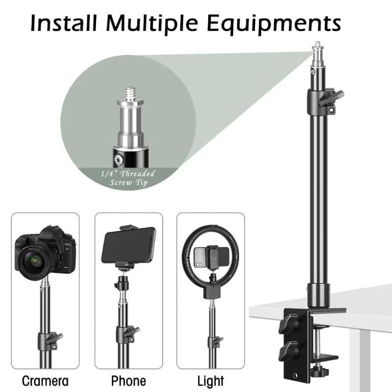 Support for desk mounting, adjustable table aluminum light support with 1/4 standard screw tip for DSLR camera, ring light, video light