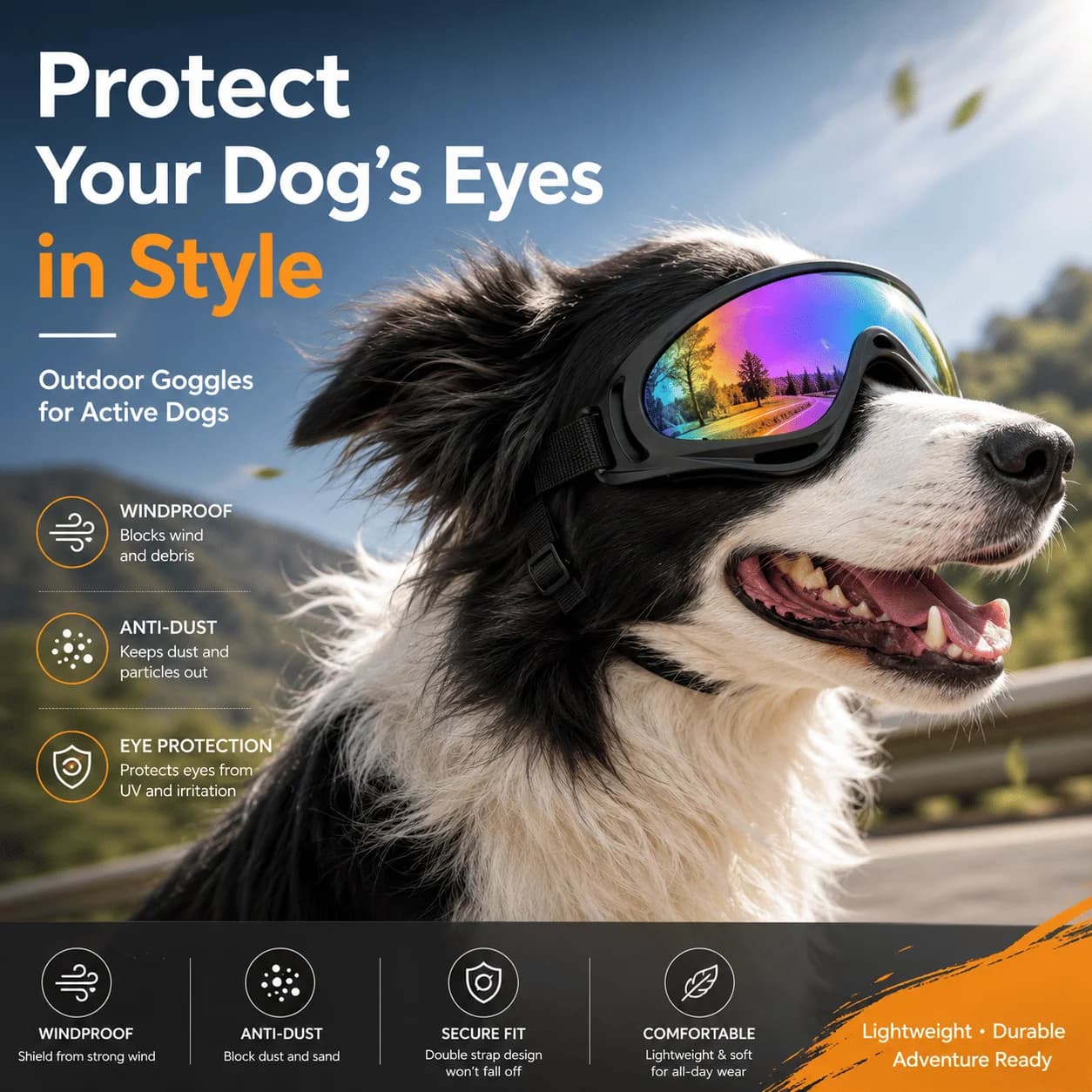 Adjustable Dog Goggles Sunglasses, Anti-UV & Dust Eye Protection, Windproof Pet Eyewear, for Outdoor Medium & Large Dogs